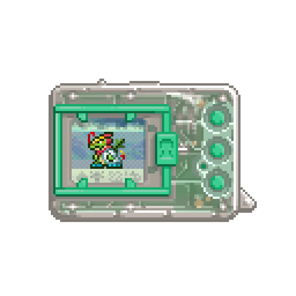 a digital pixel animation of a digimon virtual pet device, translucent plastic with green buttons and frame. the screen displays a labcoat-wearing toropiamon, a digimon that's a blend of draconic and botanical features.